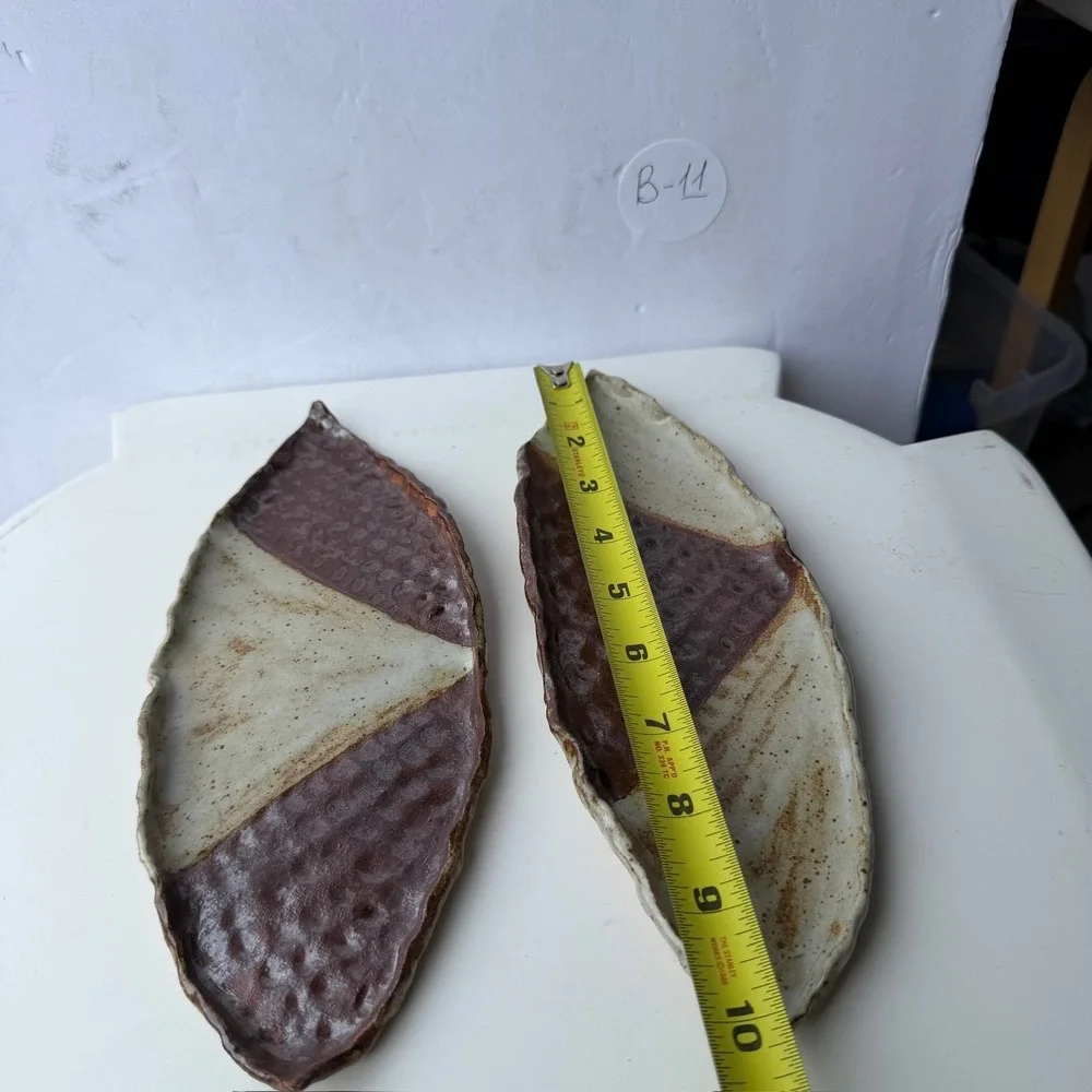 Set of 2 Artisan Handmade Pottery Leaf Trays Brown Cream Glaze Signed Ceramic
